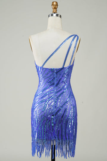 Vaina de un hombro Lentejuelas azules Vestido corto de bienvenida con borla